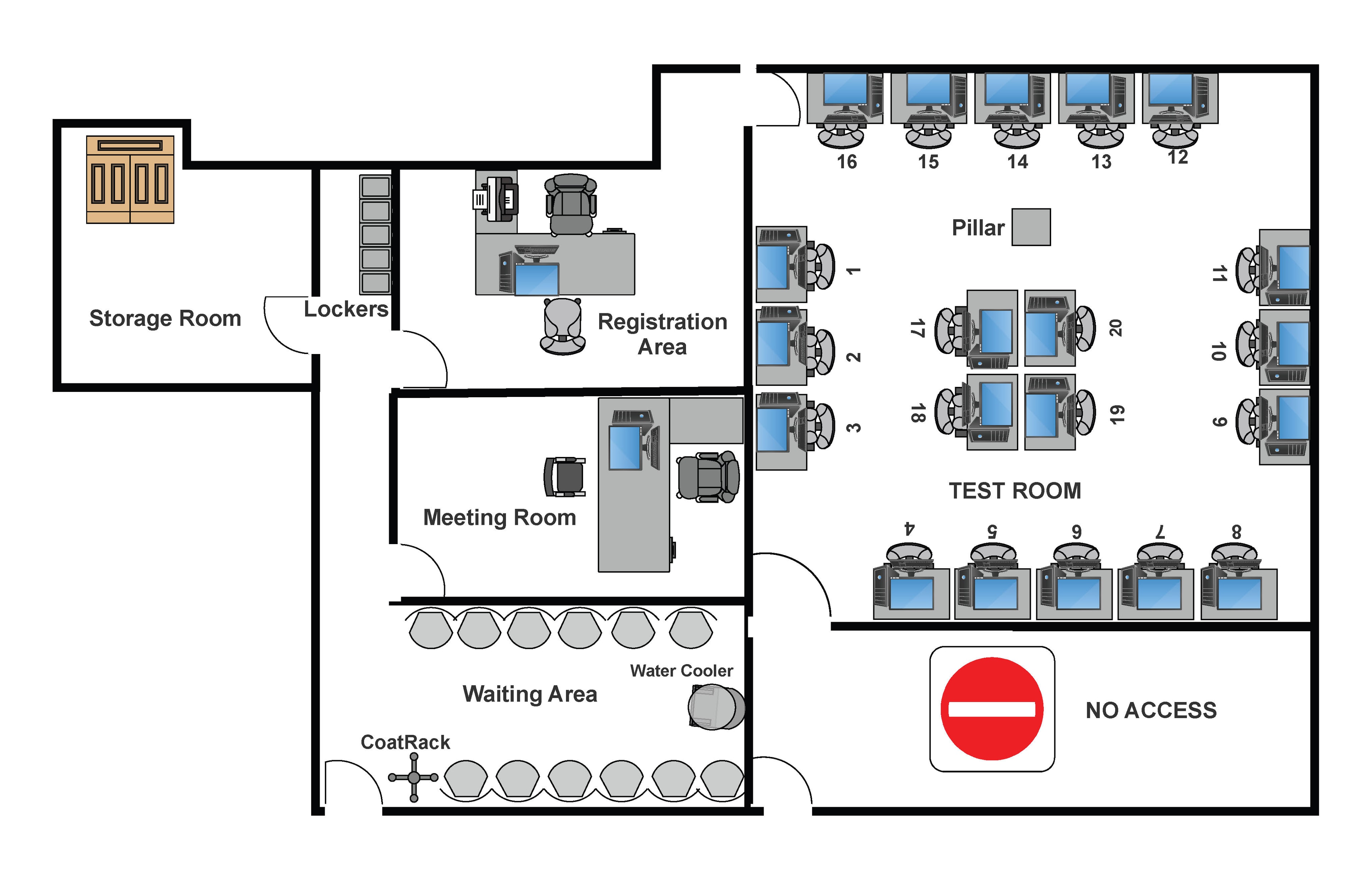 Plan du centre avec zone d’inscription, salle d’attente et salle d’examen